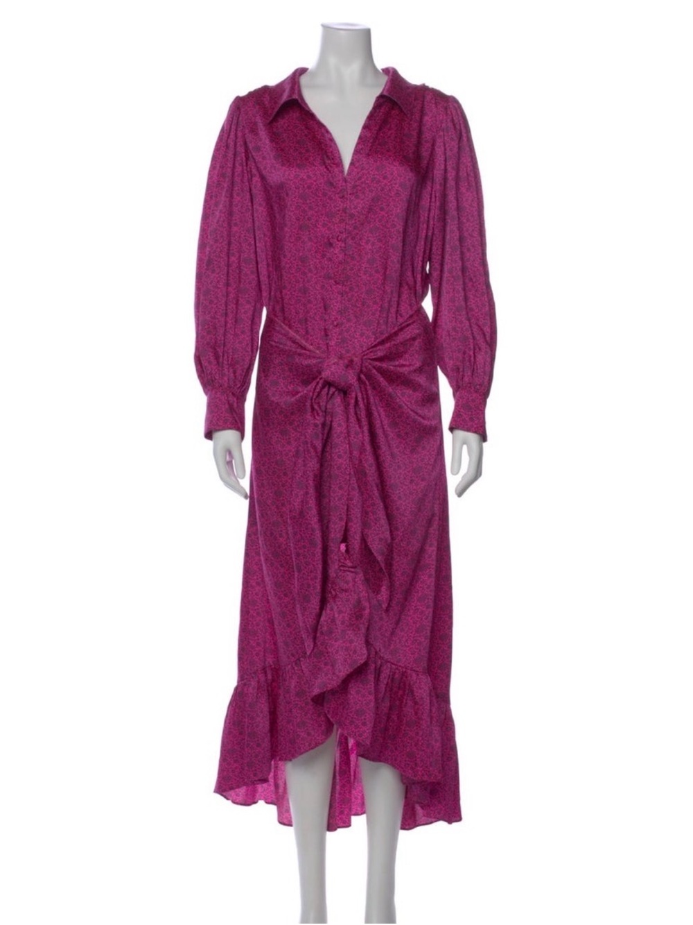 cinq a sept Fuchsia Long-Sleeve High-Low Tie-Front Midi Dress
